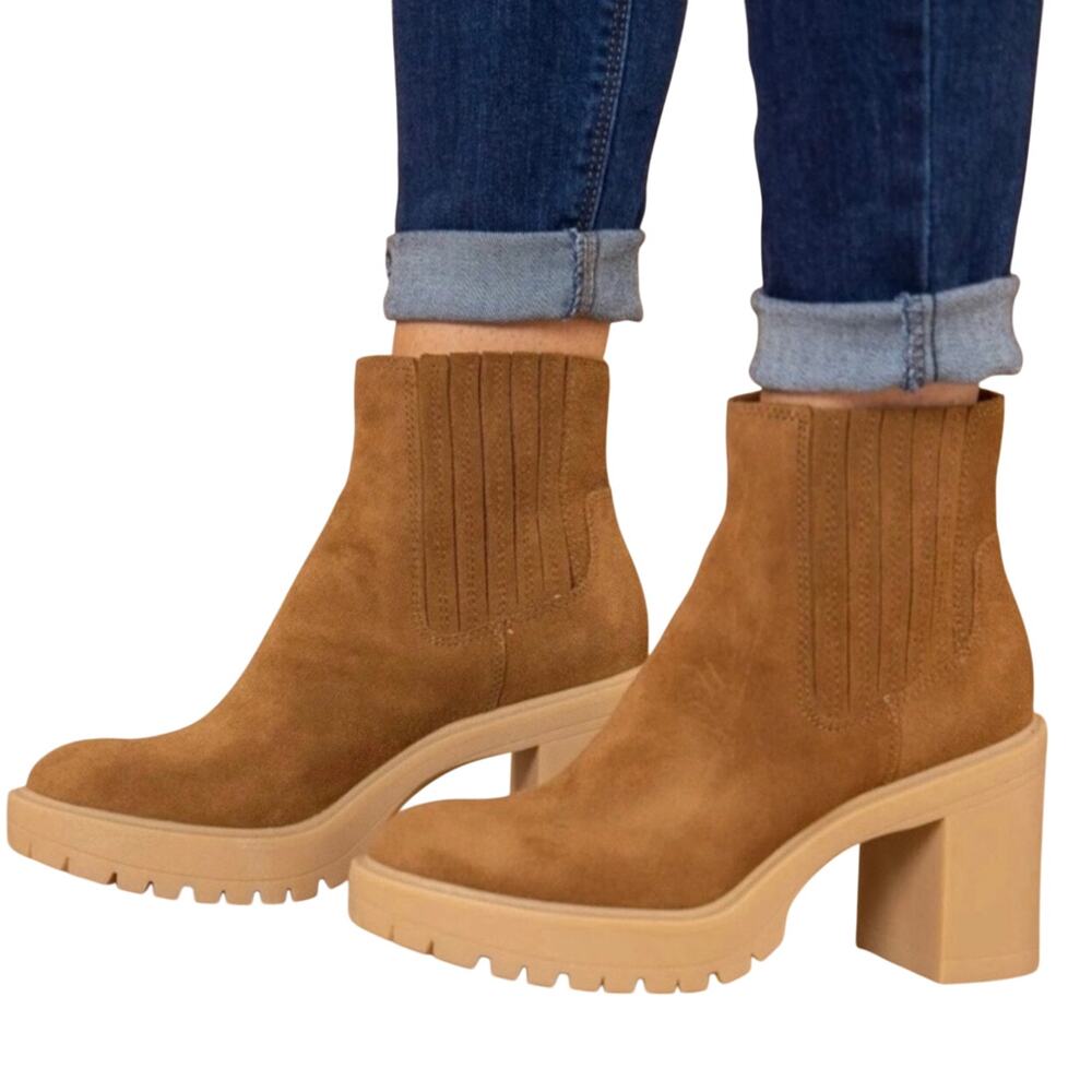 Dolce Vita Caster H2O Waterproof Lug Sole Platform Bootie in Camel Suede Size 8